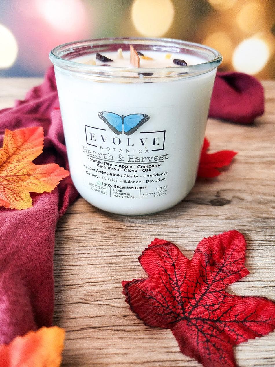 Wood Wick Soy Candle, Orange Peel & Apple, Cozy Autumn Spice Scent, Garnet + Yellow Aventurine, Recycled Glass Tumbler
