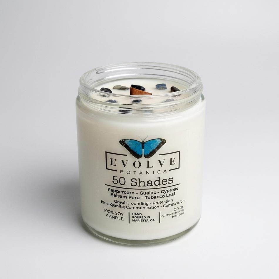 Crystal Soy Candle, Peppercorn Tobacco & Guaiac, Seductive Smoky Woods, 9oz Jam Jar, Onyx & Blue Kyanite, Wood Wick