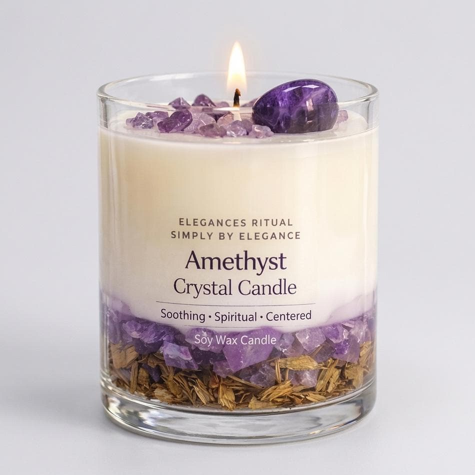 Amethyst Crystal Infused Soy + Gel Candle, Sandalwood Scent, Calm & Clarity, 10 oz Jar (8 oz Fill), Wooden Lid