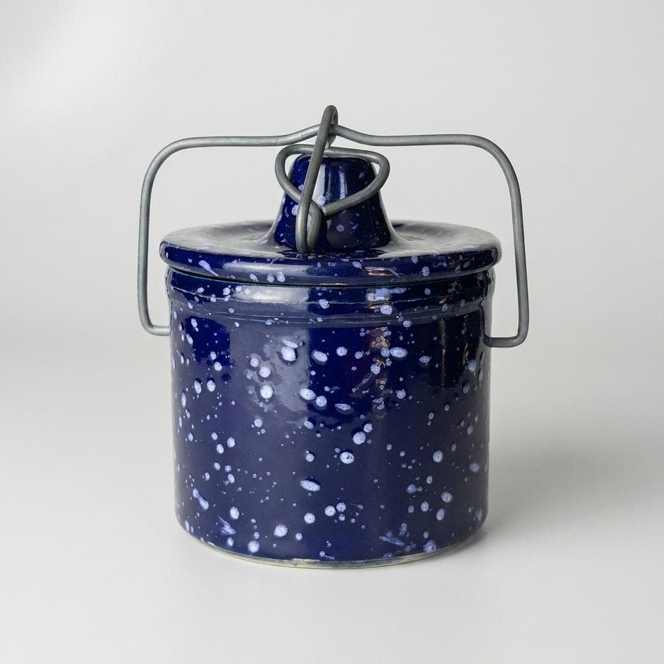 Vintage Stoneware Crock Soy Candle, Cobalt Speckled, Blueberry Cheesecake Scent, Double Wick, 13.5 oz, Reusable Lid Jar