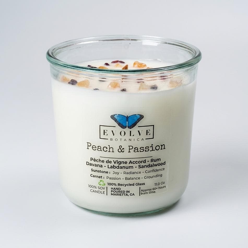 Wood Wick Soy Candle, Peach & Blood Orange, Warm Amber Sandalwood, Crystal Infused (Sunstone + Garnet), Rocks Glass Vessel