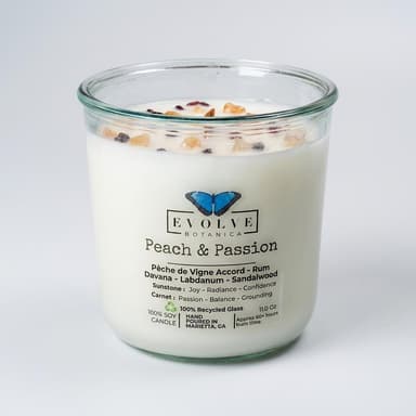 Wood Wick Soy Candle, Peach & Blood Orange, Warm Amber Sandalwood, Crystal Infused (Sunstone + Garnet), Rocks Glass Vessel