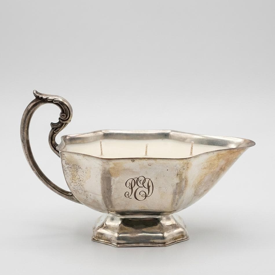 Sterling Silver Soy Candle, Gorham Gravy Boat Vessel, Brown Sugar & Fig, Triple Wick, 9.8 oz