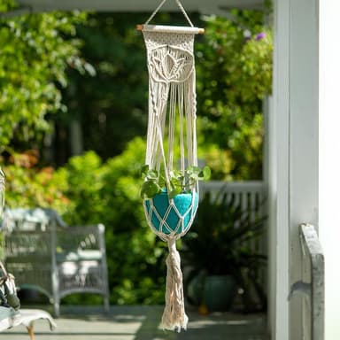 Cotton Macrame Plant Hanger, Handmade Fair Trade, Boho Hanging Planter Holder, Lotus Design, 36in x 8in
