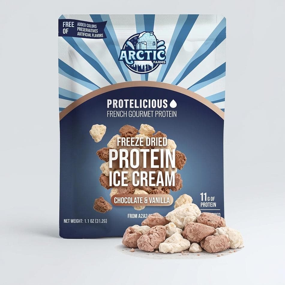 Freeze-Dried Protein Ice Cream, A2A2 Milk & Cocoa, Zero Added Sugar Crunch Snack, Vanilla Chocolate Mix, 1.1 oz Bag