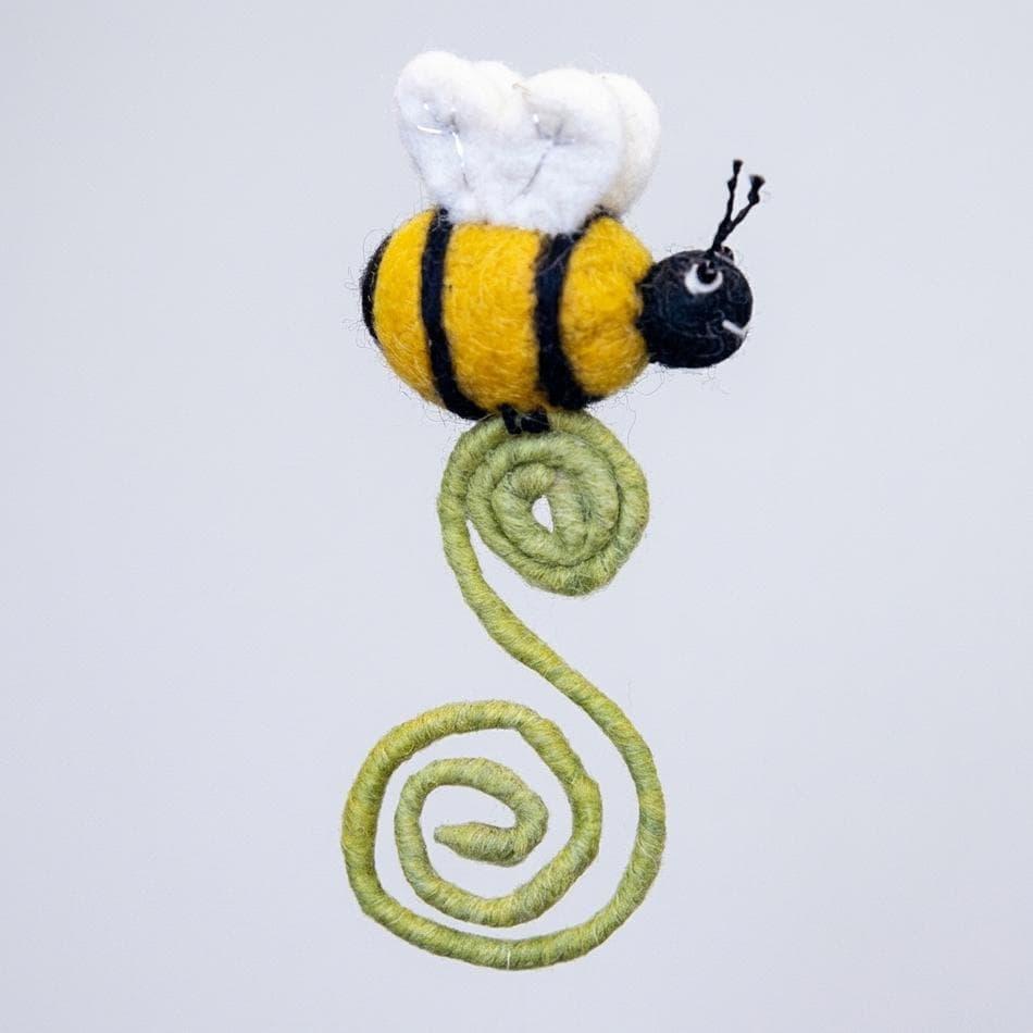 Felt Wool Bee Plant Pick, Natural Wool, Bendable Wire Stem, Cute Desk & Gift Topper Decor, 12in Stem