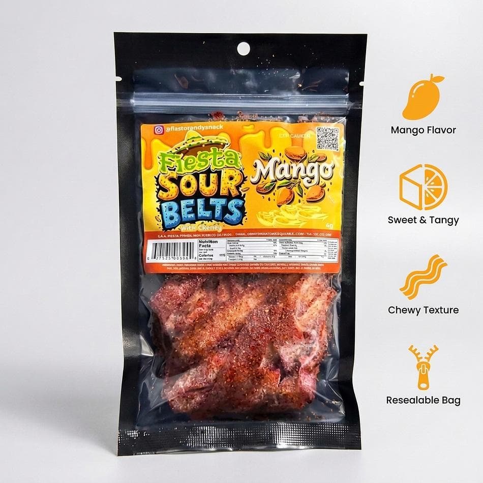 Sour Mango Candy Belts, Sweet & Tangy Chewy Strips, Mango Flavor, Snack Candy Bag