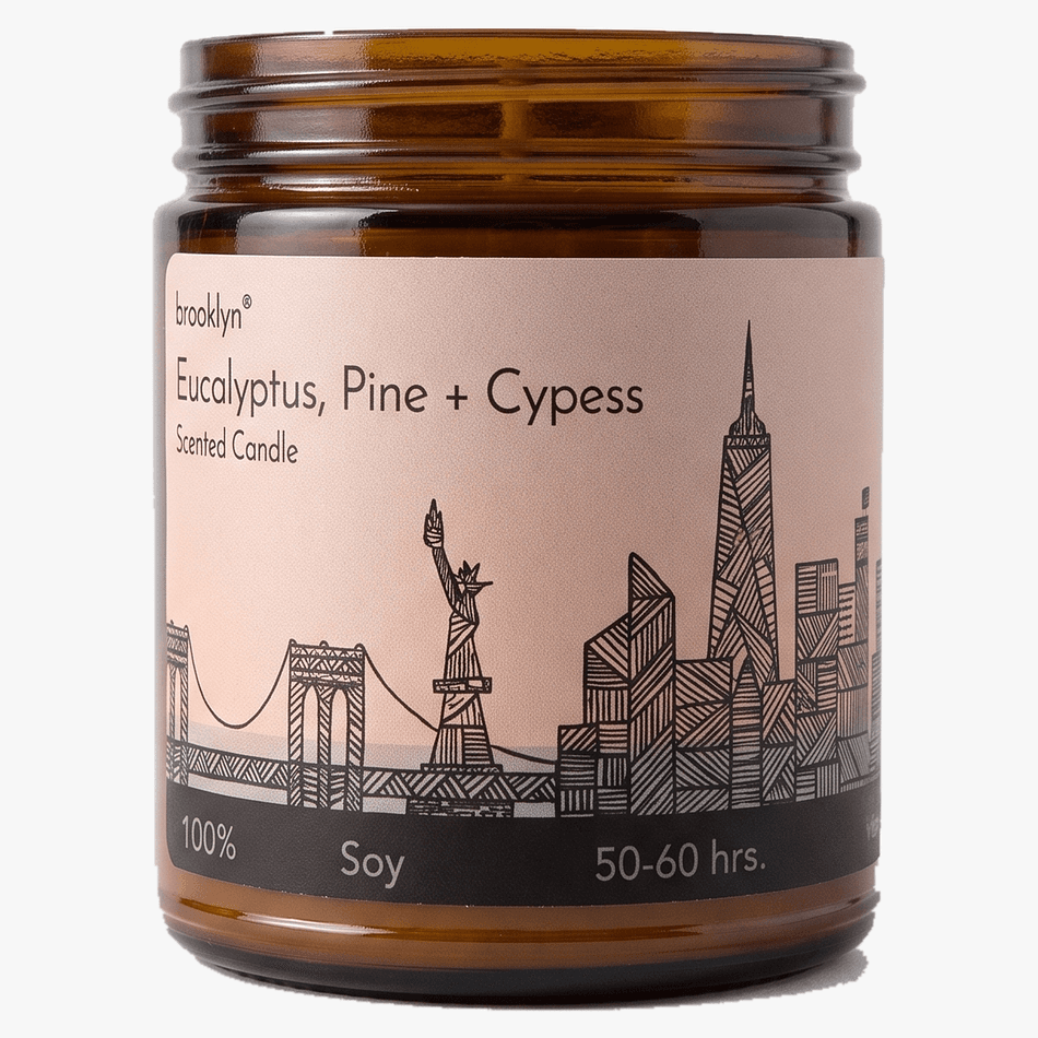 Soy Candle, Oakmoss & Amber Scent, NYC Skyline Sunset Label, 8 oz Amber Jar, 50–60 Hour Burn