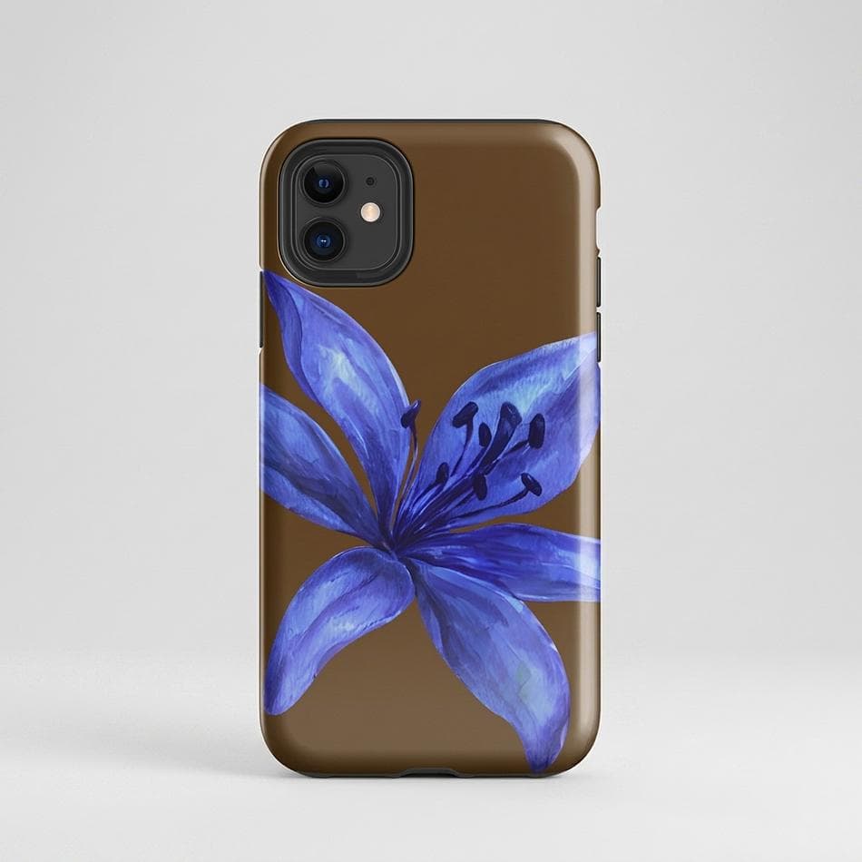 Dual-Layer iPhone Case, Polycarbonate + TPU, Brown & Blue Tiger Lily Floral, Slim Drop Protection, Glossy/Matte