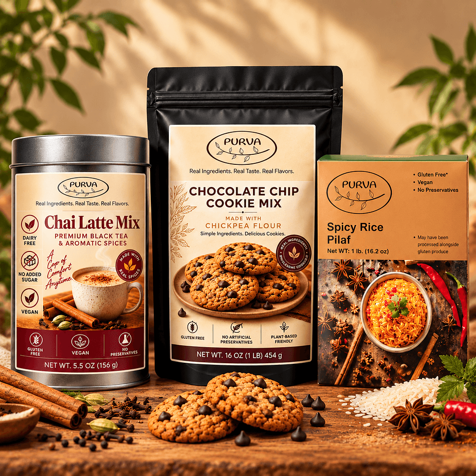 PURVA Indian-Inspired Sampler – Rice Pilaf, Chai & Gluten-Free Cookie Mix