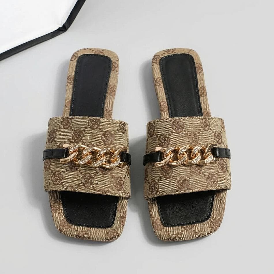 Women’s Slide Sandals, PU Leather & Rubber, Chain Detail, Open Toe Flats, Sizes 36–43 (US 5–11)