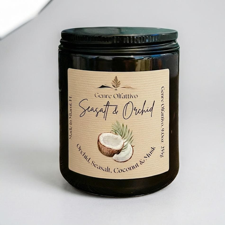 Coconut Soy Candle, Sea Salt & Orchid, Coastal Floral Scent, Amber Jar w/ Lid, 9 oz, 40 Hr Burn