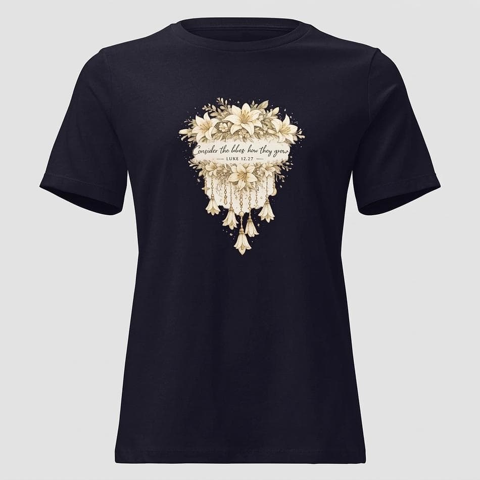 Women’s Christian Graphic T-Shirt, Luke 12:27 “Consider the Lilies”, Floral Boho Print, Relaxed Fit Tee, S–3XL