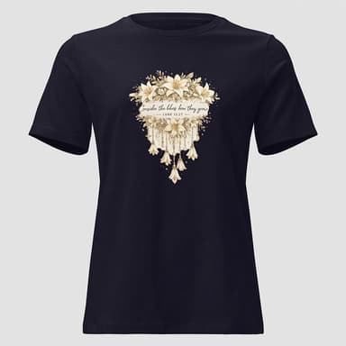 Women’s Christian Graphic T-Shirt, Luke 12:27 “Consider the Lilies”, Floral Boho Print, Relaxed Fit Tee, S–3XL