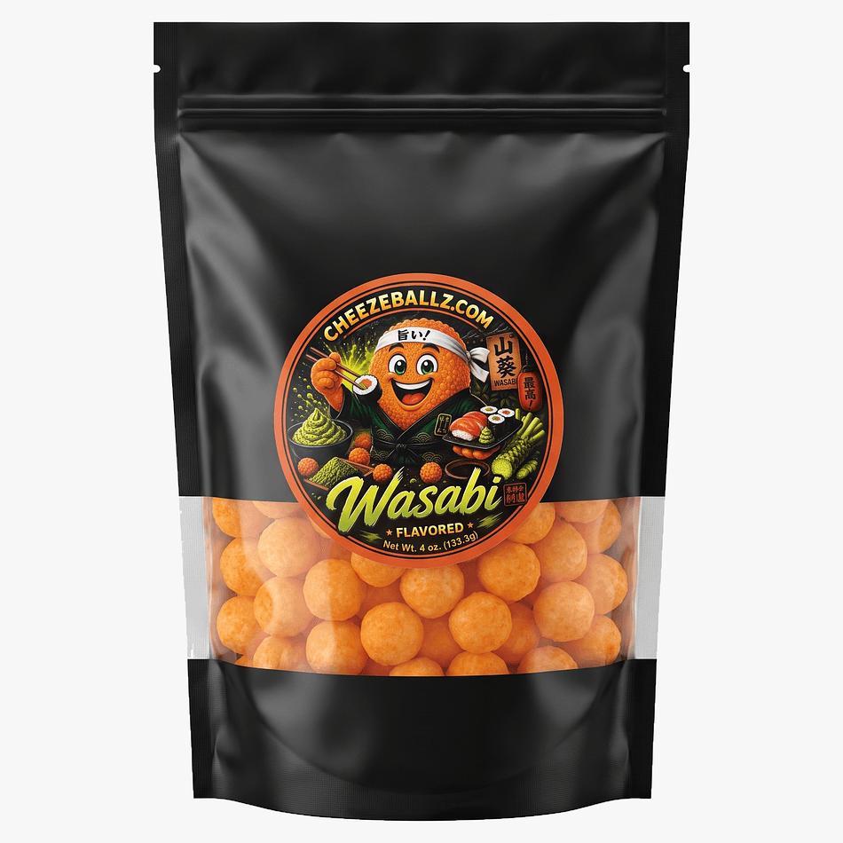 Wasabi Cheese Balls Snack, Gluten-Free Cheddar Puffs, Spicy Crunch, Resealable 4 oz Pouch