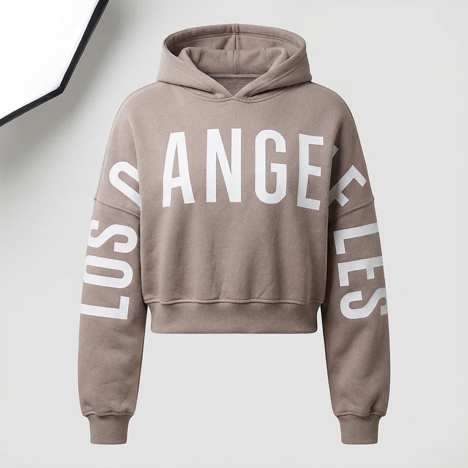 Cropped Graphic Hoodie, Cotton-Poly Blend, Adjustable Drawstring Hem, Kangaroo Pocket, Long Sleeve, Dusty Rose/White