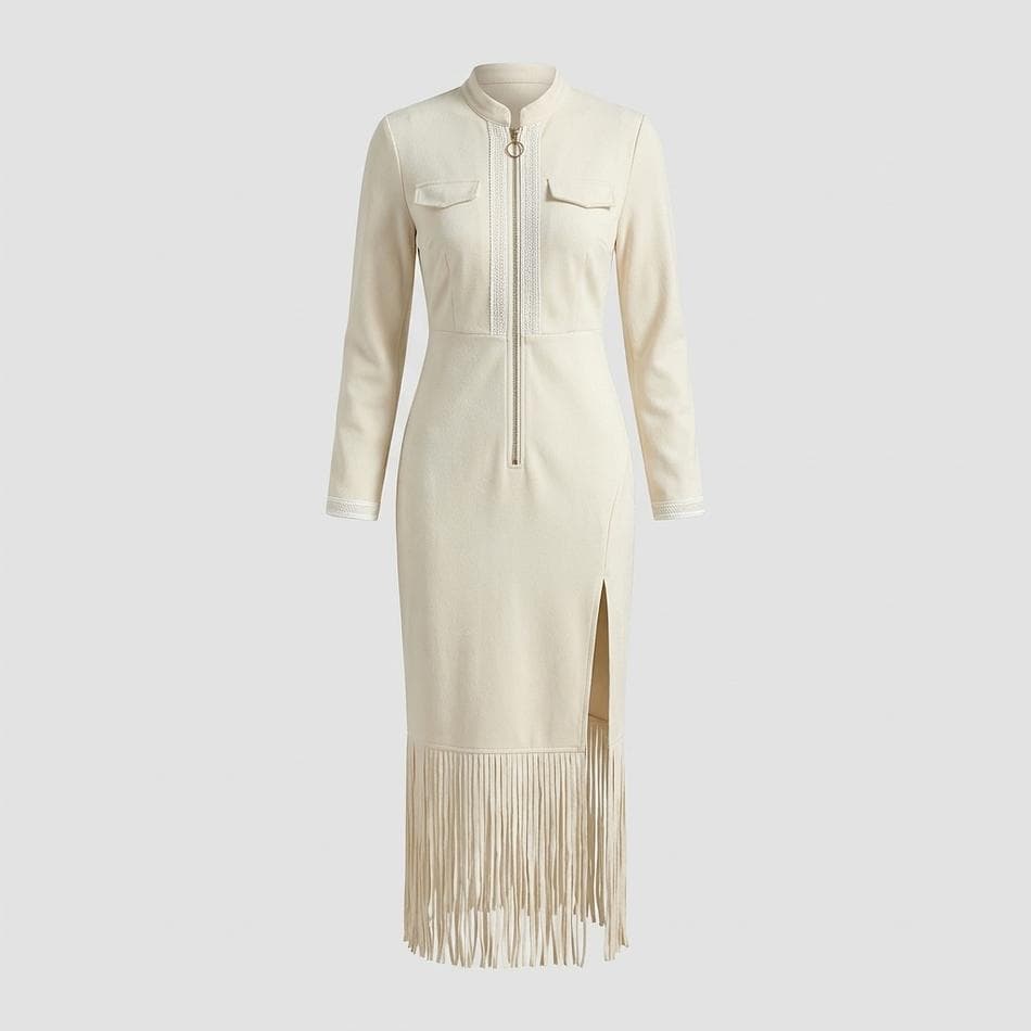 Fringe Hem Midi Dress, Polyester, Side Slit, Zipper Back, No Stretch, Apricot, Sizes S–2XL