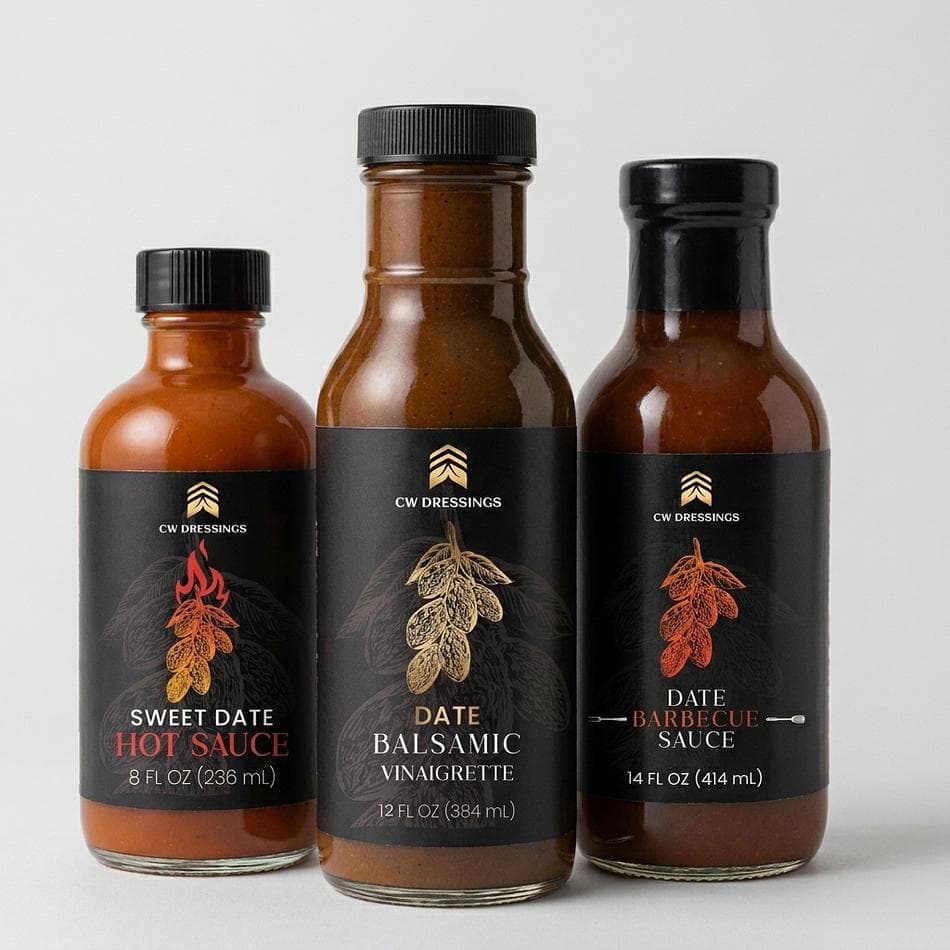 Date-Sweetened Balsamic Vinaigrette Dressing + Sweet Date Hot Sauce + Date Barbecue Sauce Bundle (3 Bottles)