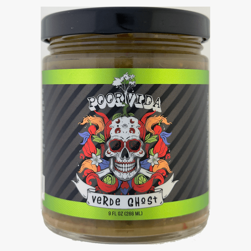 Verde Ghost Salsa, Tomatillo, Kiwi & Ghost Pepper, Extra Hot Tangy Flavor, Vegan, 9 fl oz Glass Jar