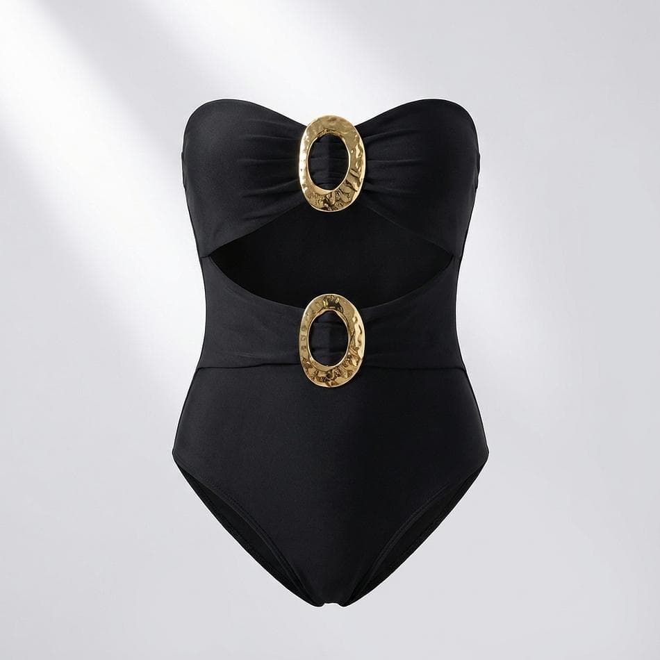 Cutout Sweetheart Neck One-Piece Swimsuit, Polyester & Elastane, Removable Pads, No Underwire, Black, Sizes S–2XL