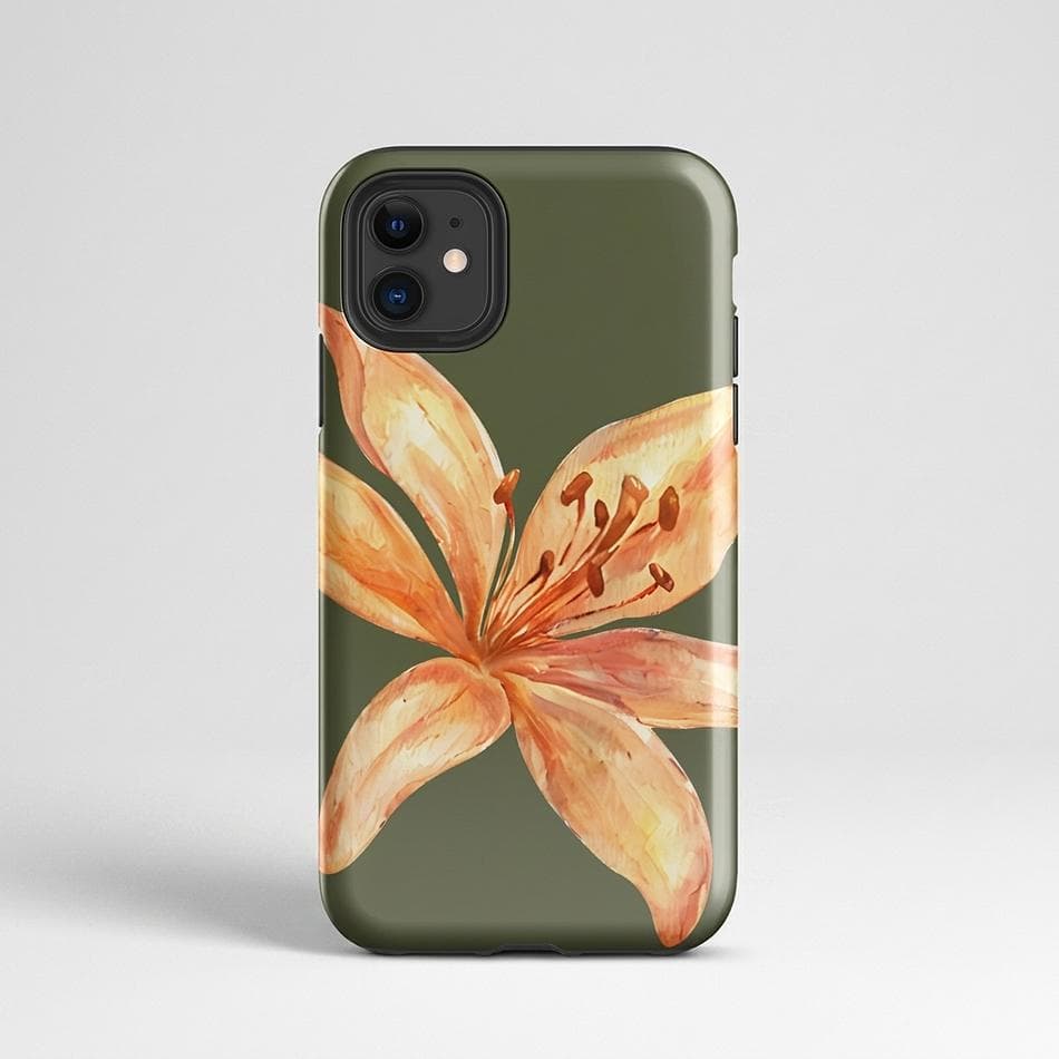 Dual-Layer Tough iPhone Case, Tiger Lily Floral Print, Polycarbonate + TPU, Drop Protection, Glossy/Matte, iPhone 11–17