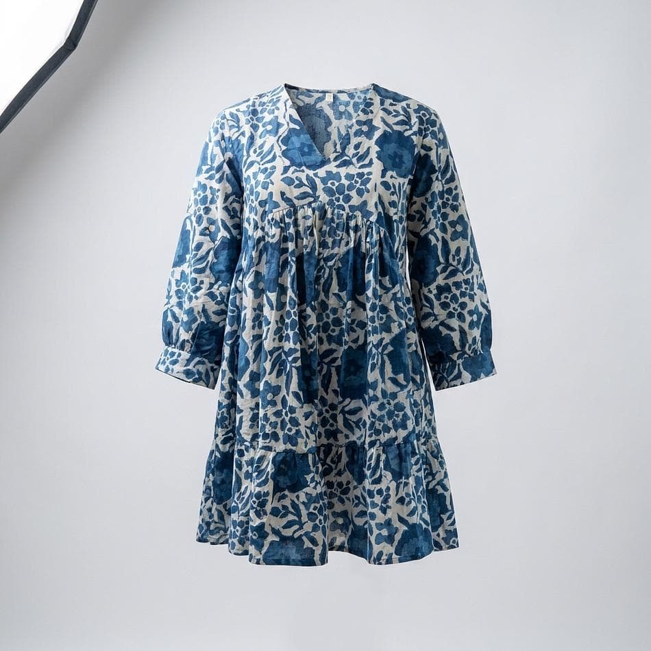 Indigo Block Print Cotton Midi Dress, Natural Indigo Dye, V-Neck Empire Waist, Bracelet Sleeves, Knee-Length