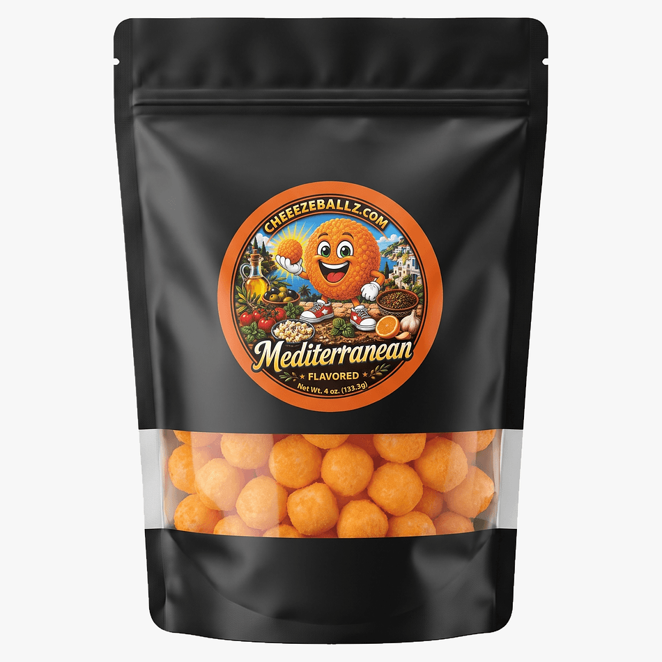 Gourmet Cheese Puffs, Mediterranean Seasoning, Gluten-Free Crunchy Snack, 4 oz Resealable Pouch