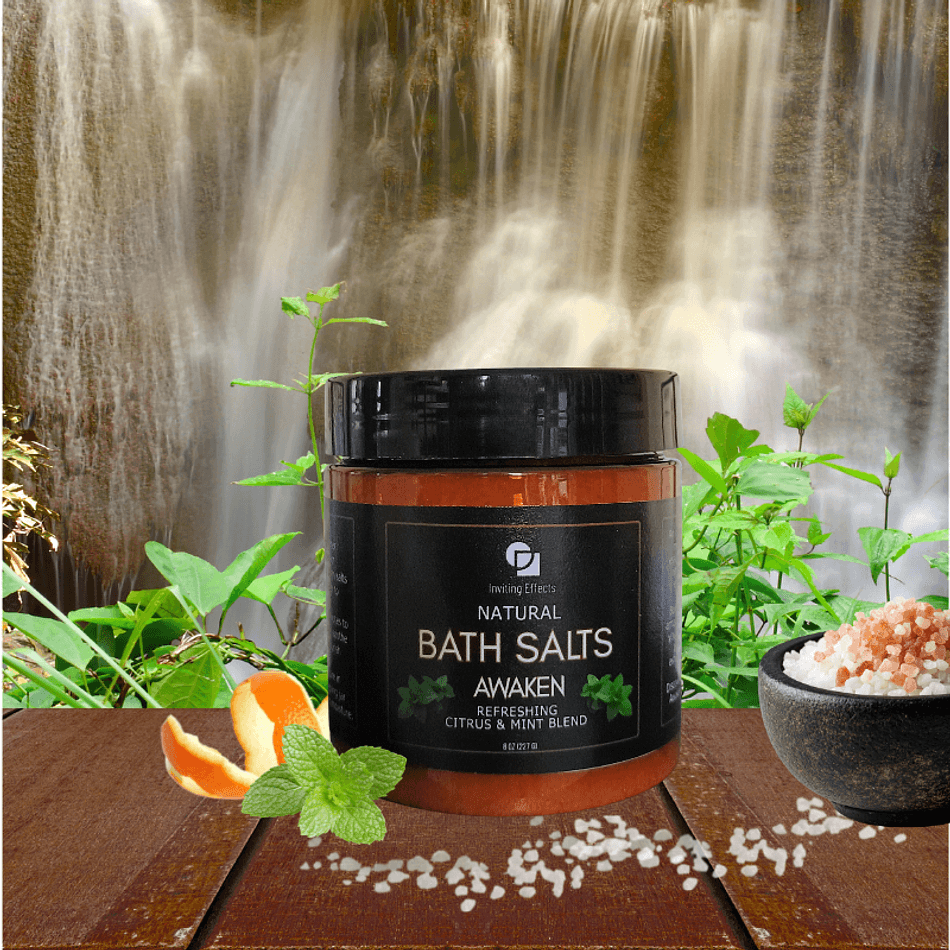 Natural Bath Salts, Exfoliating Scrub, Citrus Mint Essential Oils, Muscle Recovery Soak, AWAKEN 8 oz Jar