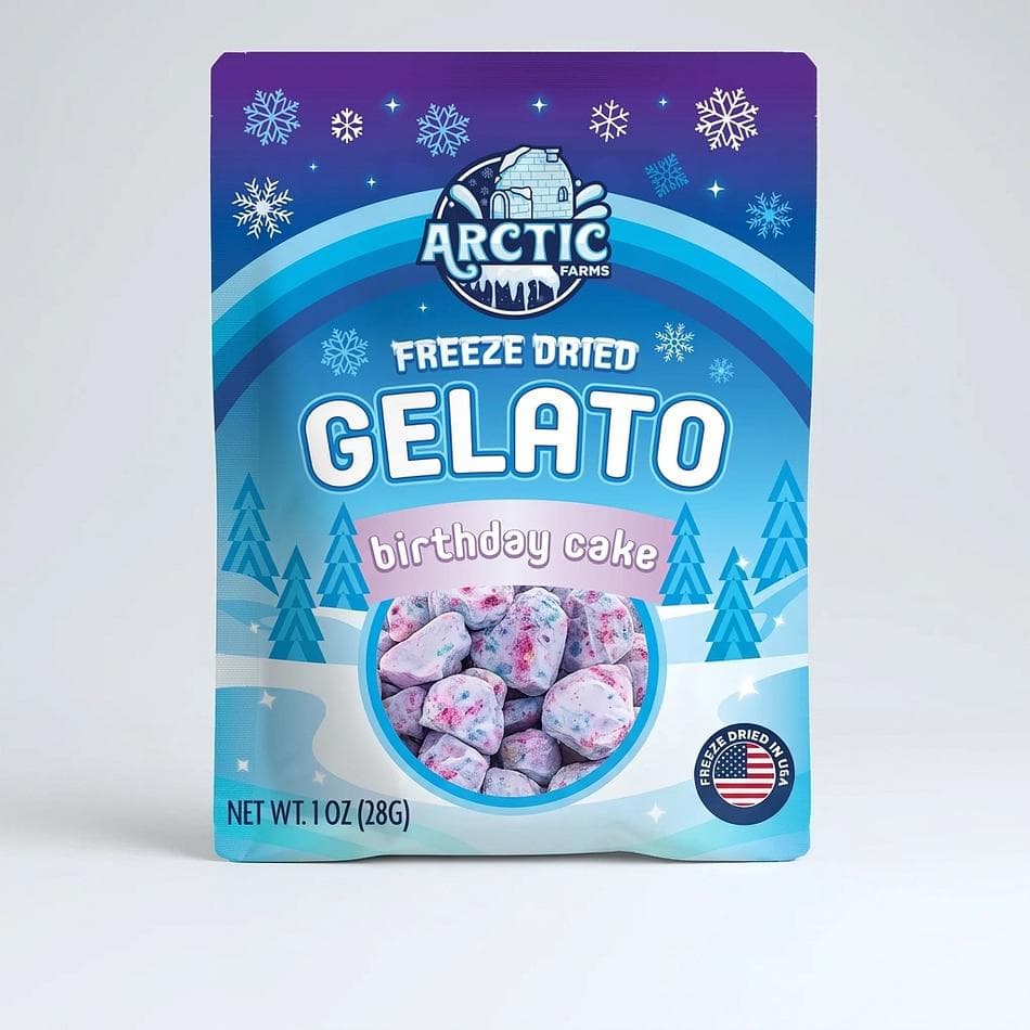 Freeze-Dried Gelato Bites, Vanilla Birthday Cake Flavor, No-Melt Shelf-Stable Dessert Snack, Resealable Bag, 1 oz