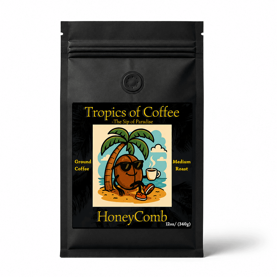 Premium Honeycomb Flavored Ground Coffee. Smooth & Sweet Daily Brew, 12 oz bag with resealable pouch and degasser valve