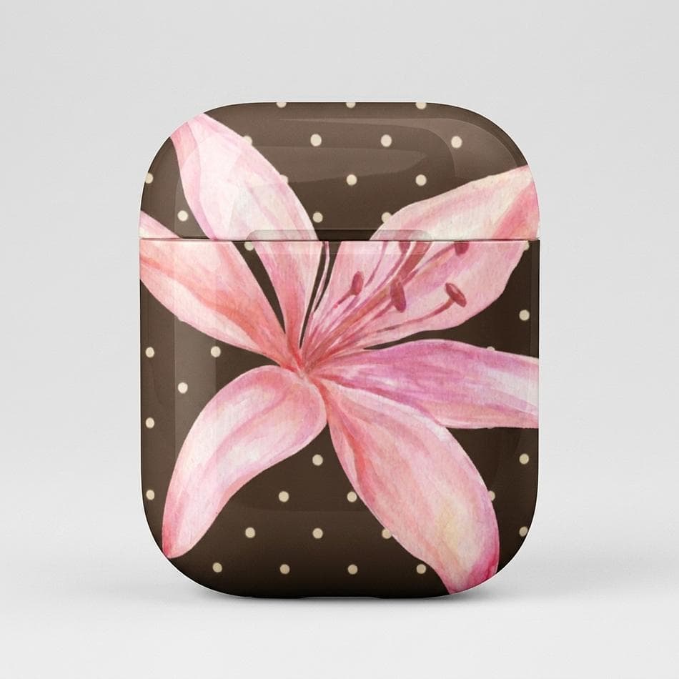 Polycarbonate AirPods Case, Mocha Polka Dot & Pink Tiger Lily, Impact Protection, Wireless Charging Compatible, Carabiner