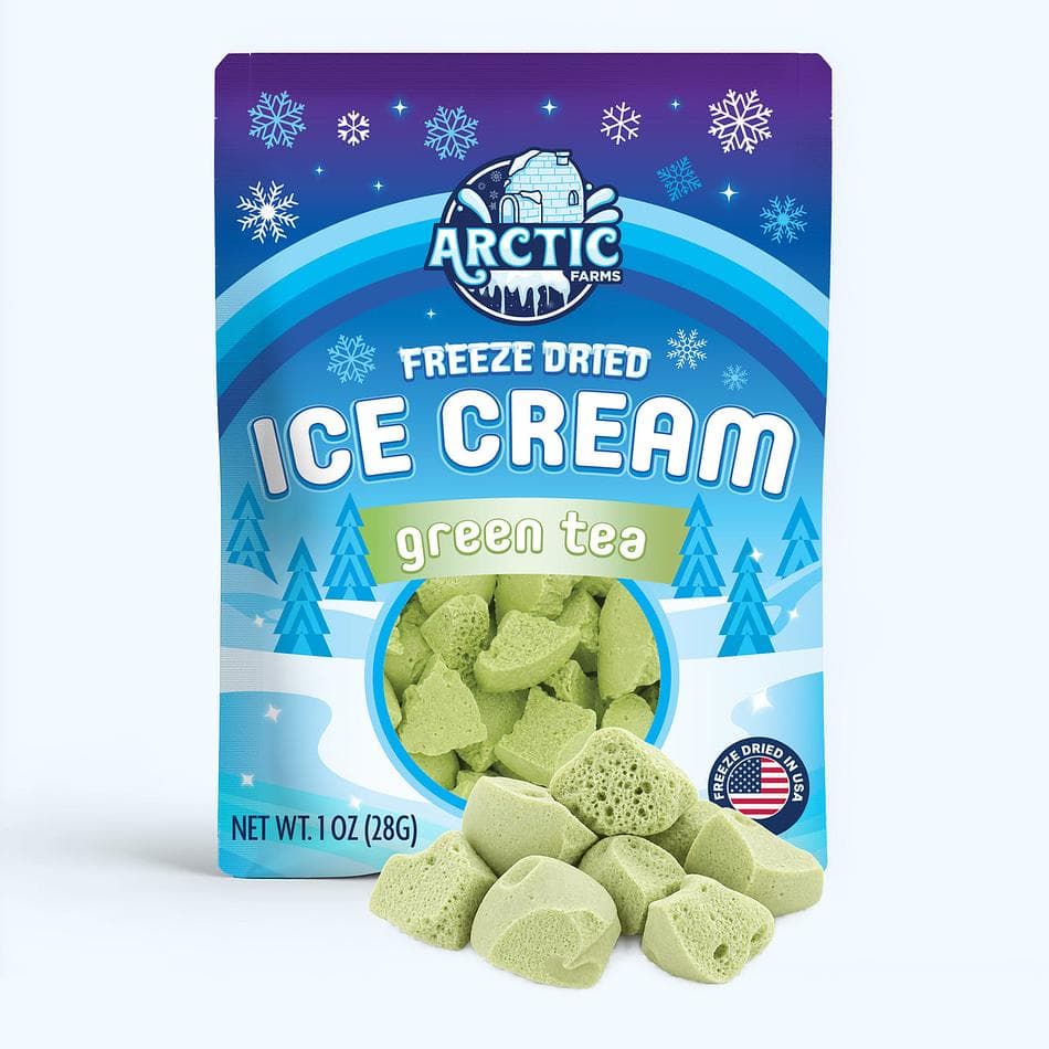 Freeze-Dried Green Tea Ice Cream Bites, Milk & Cream, No-Melt Crunchy Snack, Pack of 3 Resealable Bags (1 oz each)