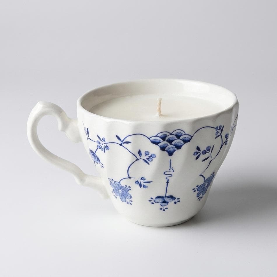 Vintage Teacup Soy Candle, Myott Finlandia Blue Floral, High Tea Scent (Bergamot, Black Tea, Lavender), 4.65 oz