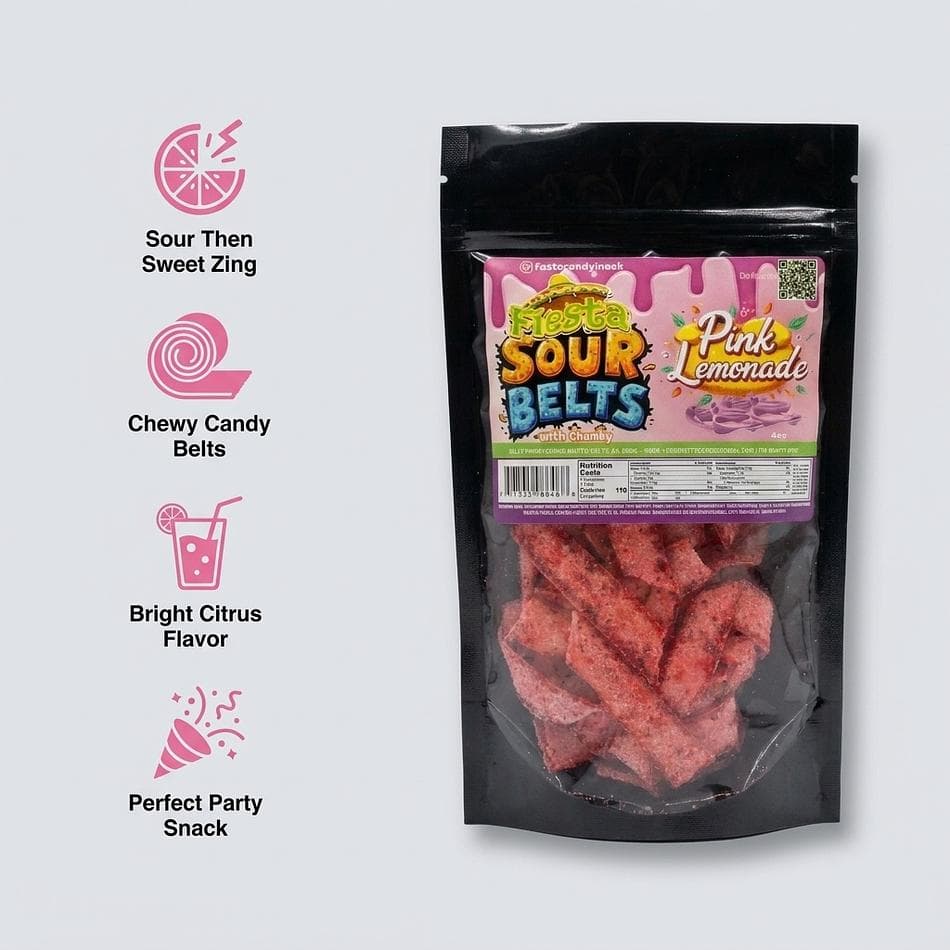 Sour Pink Lemonade Candy Belts, Sweet-Tart Chewy Strips, Sour Sugar Coated, Party Snack, 1 Bag