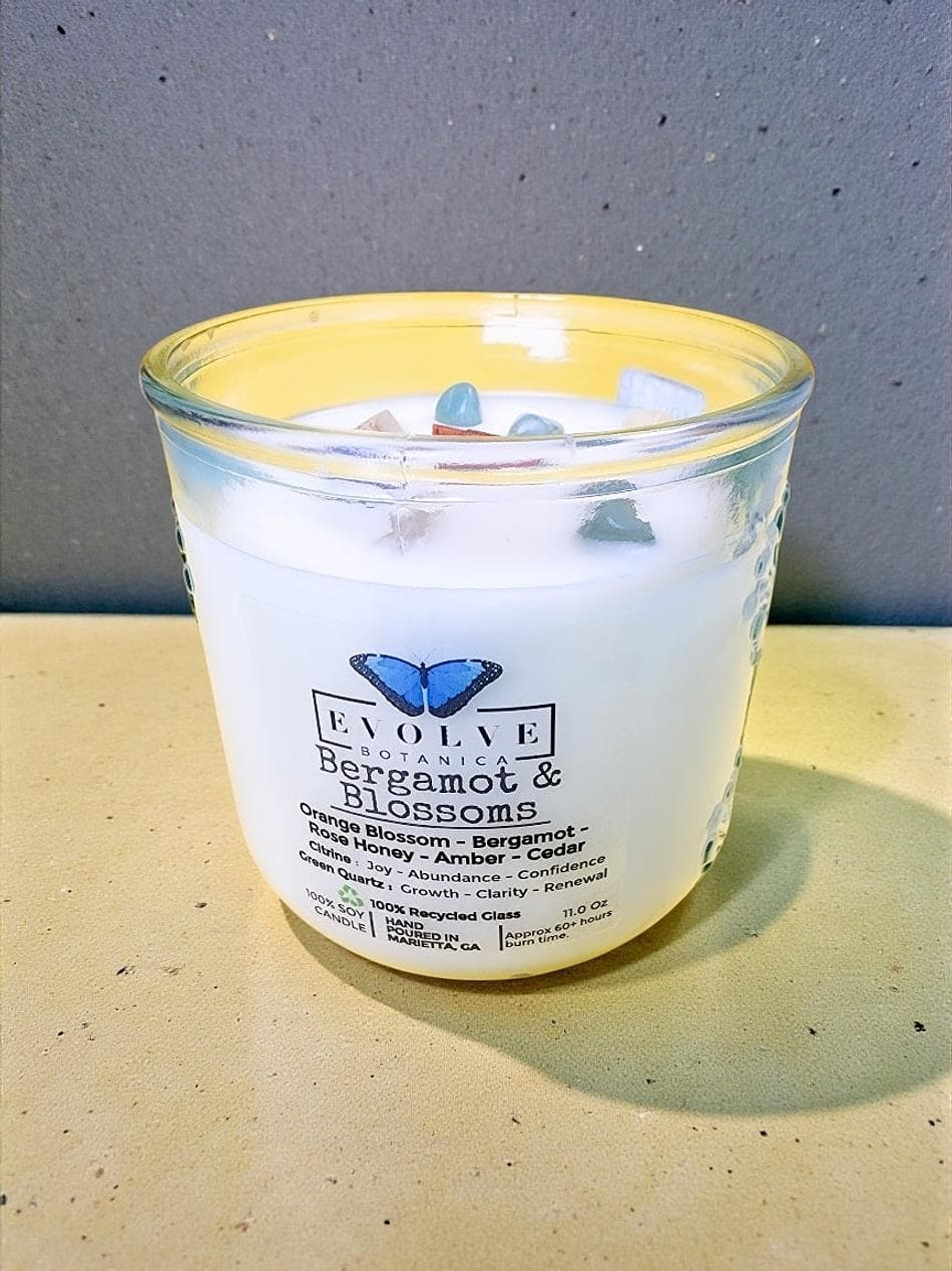 Soy Candle, Bergamot & Lemongrass, Citrus-Florals for Uplifting Mood, Wood Wick, Citrine + Green Quartz, Recycled Glass