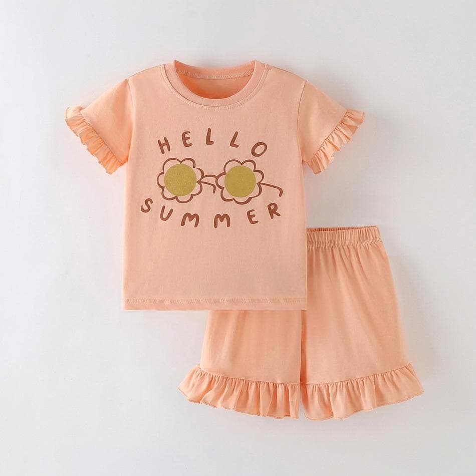 Girls 2-Piece Summer Shorts Set, Cotton Blend Ruffle Trim Tee, Hello Summer Graphic, Watermelon Pink, Sizes 3Y–8Y