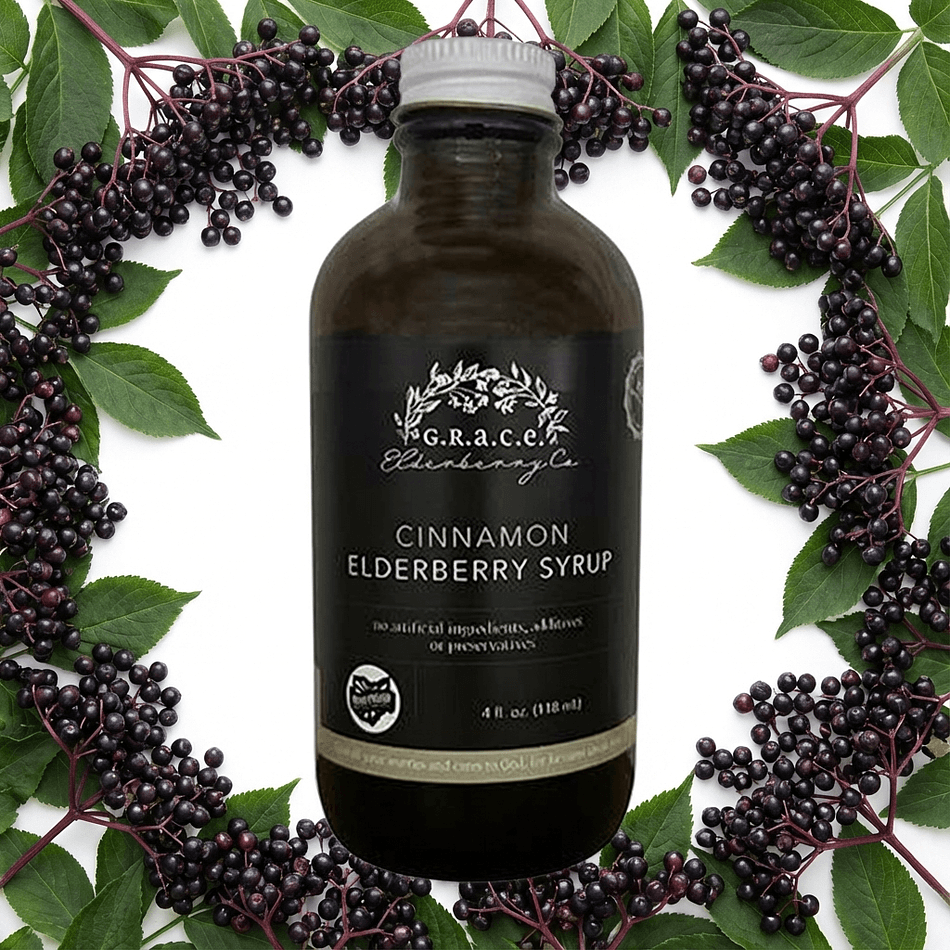 Cinnamon Elderberry syrup - 4 oz. 
INGREDIENTS: Filtered Water, Organic Honey, Organic Dried Elderberries, Organic Cinnamon