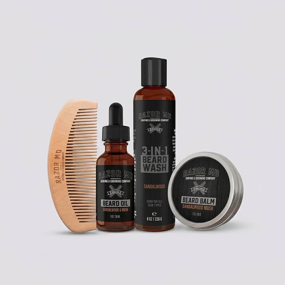 Beard Care Kit, Sandalwood Musk, Wash 8oz + Beard Oil 1oz + Beard Balm 2oz + Wooden Comb, 4-Piece Gift Set