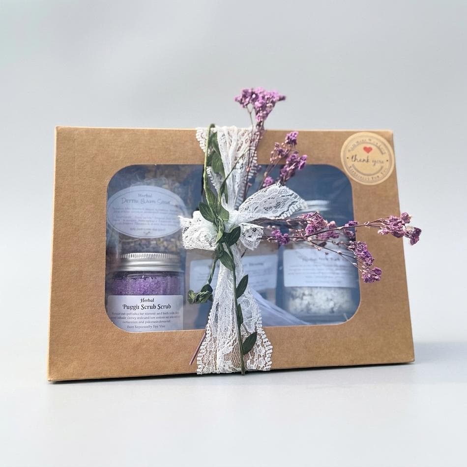 Self-Care Gift Box, Herbal Tea + Dead Sea Salt & Oats Detox Bath Soak + Coconut Milk Bath, Stress Relief, 6-Piece Kit