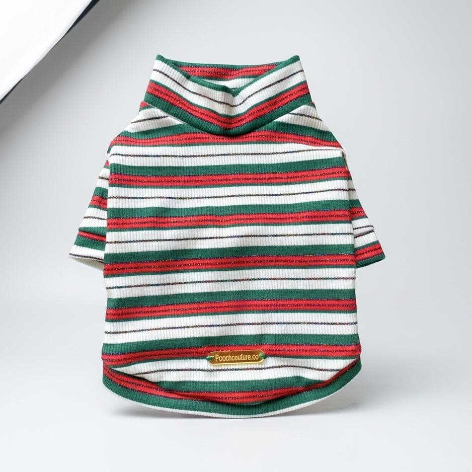 Dog Turtleneck Shirt, Cotton Shimmer Stripe, Festive Holiday Outfit, Soft Stretch Fit, Sizes XXS-XXL