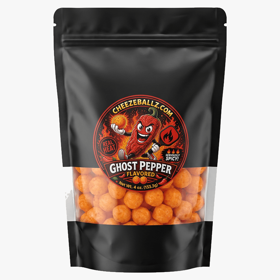 Ghost Pepper Cheese Balls Snack, Spicy Seasoned Cheeze Ballz, Gluten-Free Crunchy Puffs, Resealable 4 oz Pouch