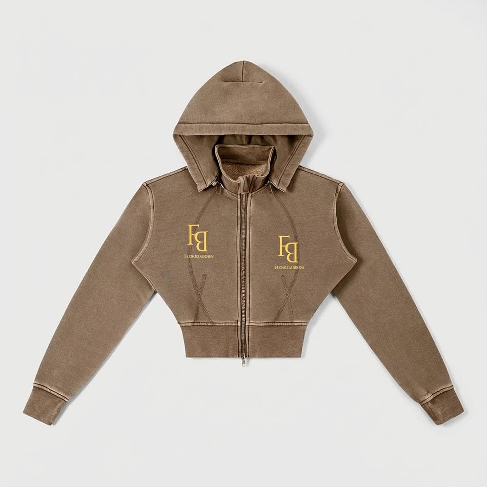 Women’s Cropped Zip-Up Fleece Hoodie, Cotton Blend 400gsm Vintage Wash, Patchwork Detail, Coffee, Sizes M-XL