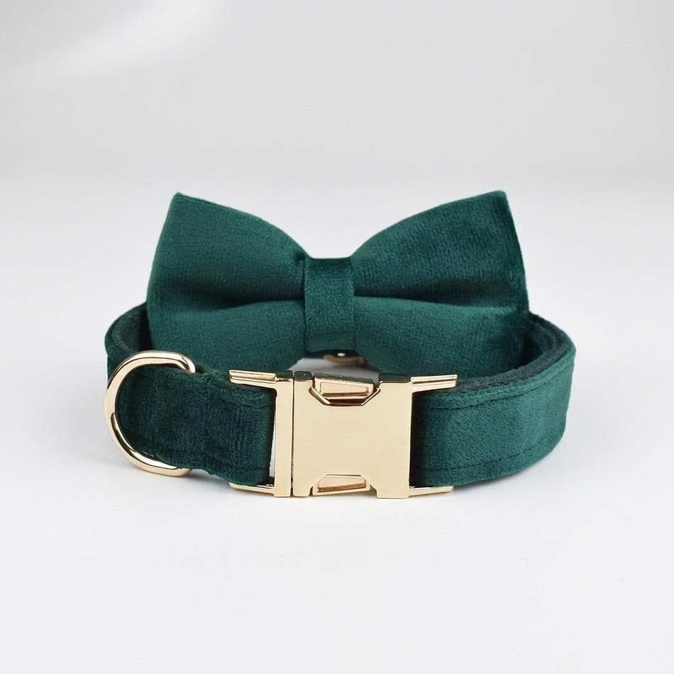 Velvet Dog Collar & Harness Set, Green Velvet + Cotton Lining, Personalized Engraved Buckle, Leash Options, XS–XL