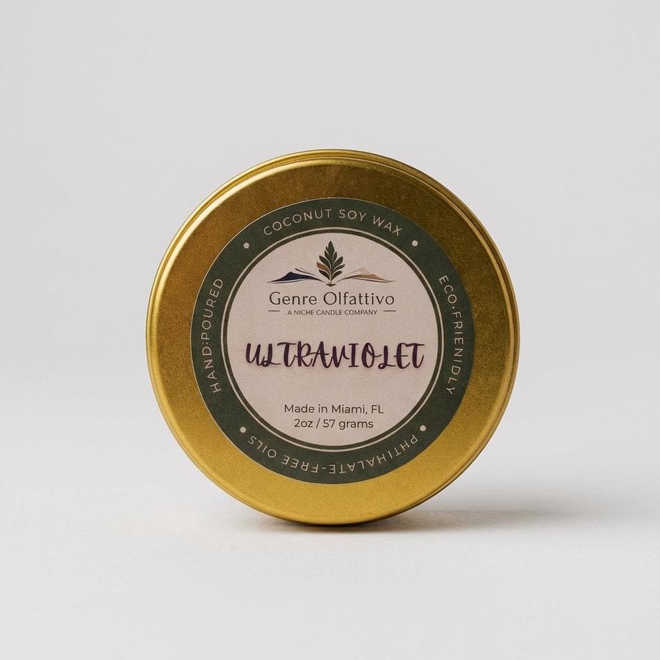 Sample Tin Candle, Coconut Soy Wax, Clean Floral/Violet-Inspired Scent, Single Wick, Gold Tin, 2 oz