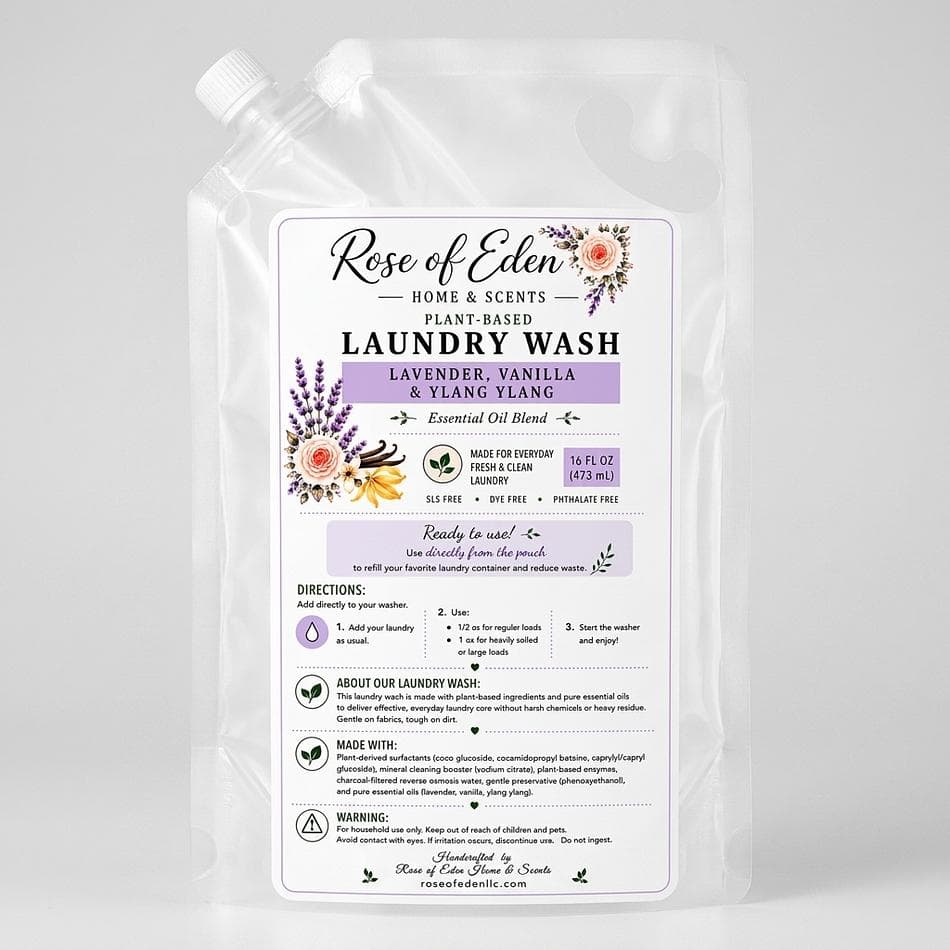 Plant-Based Liquid Laundry Detergent, Coco Glucoside, Sensitive Skin Clean, HE Safe, Fragrance-Free or Essential Oil Scent, Pouch