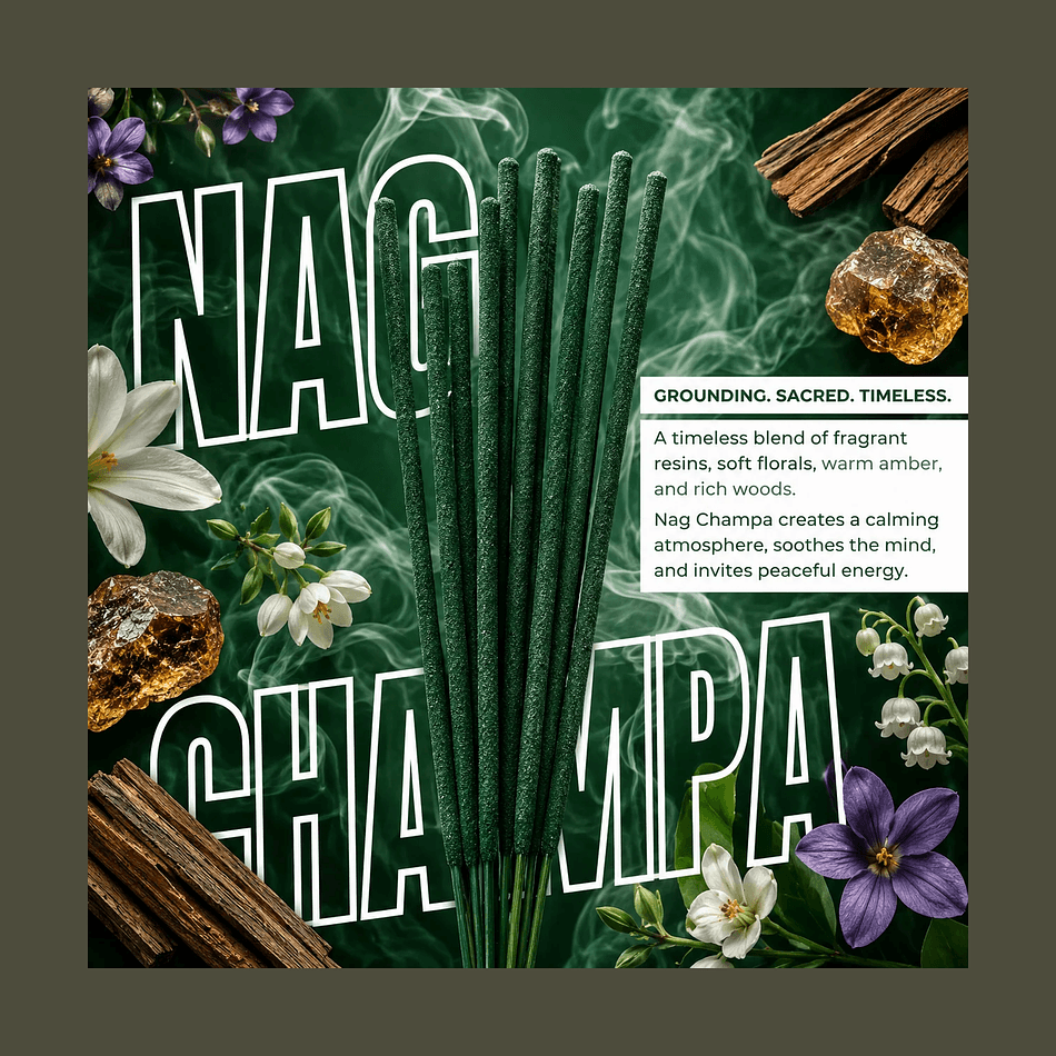 Hand-Dipped Nag Champa Incense Sticks, Sandalwood & Champaca, Long-Lasting Clean Burn, 10 Inch, 20 Pack