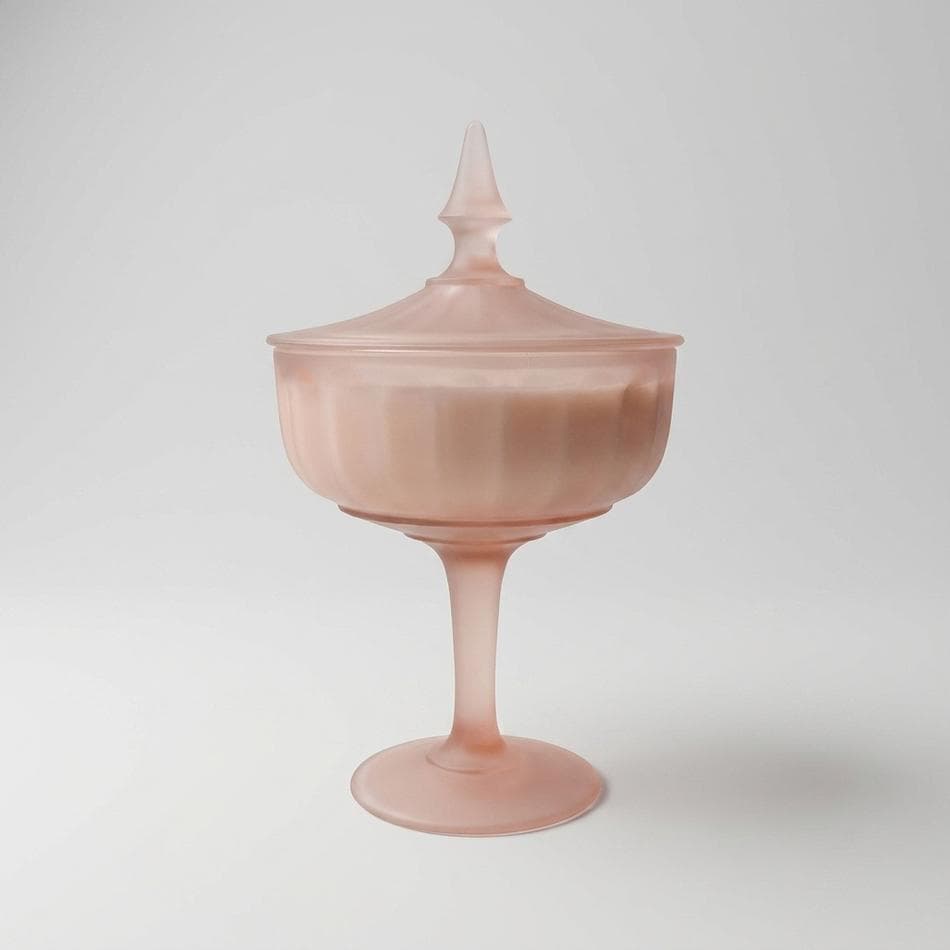 Vintage Depression Glass Pedestal Dish Candle, Pink Frosted Glass, Soy Wax, 4-Wick, Elderberry Nectar, 10.8 oz