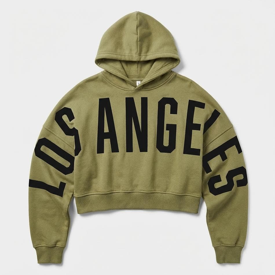 Women’s Cropped Graphic Hoodie, Cotton-Poly Blend, Drawstring & Kangaroo Pocket, Long Sleeve Pullover, Almond/Black