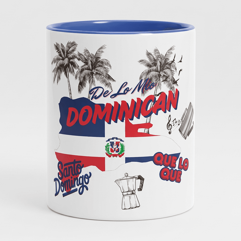 Ceramic Coffee Mug, De Lo Mio Dominican Design, Indigo Blue Handle & Interior, Giftable Limited Edition, 11 oz