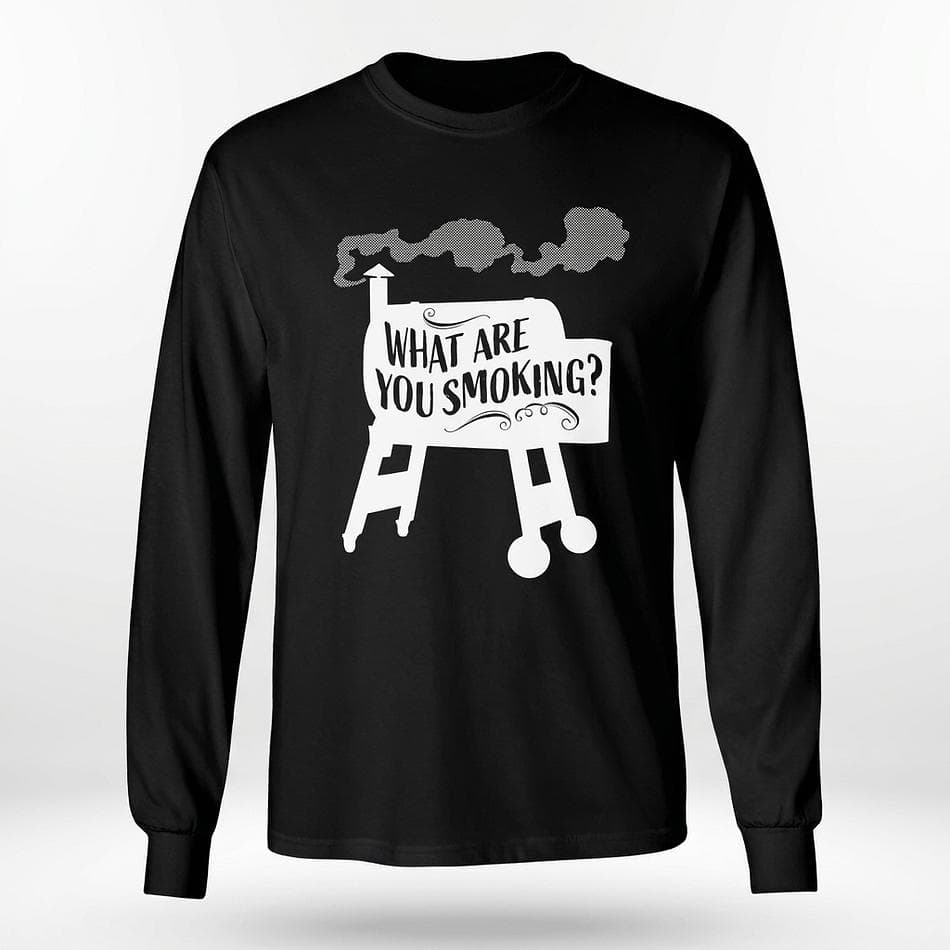 BBQ Smoker Long Sleeve T-Shirt, “What Are You Smoking?” Funny Grill Quote, Dark Colors, Unisex, 1 Shirt